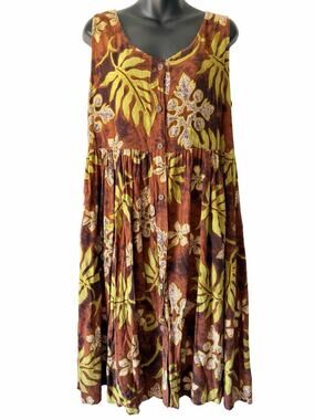 Isla Girl Brown Hawaiian Quilt Babydoll Dress Womens Large Button Front Tropical